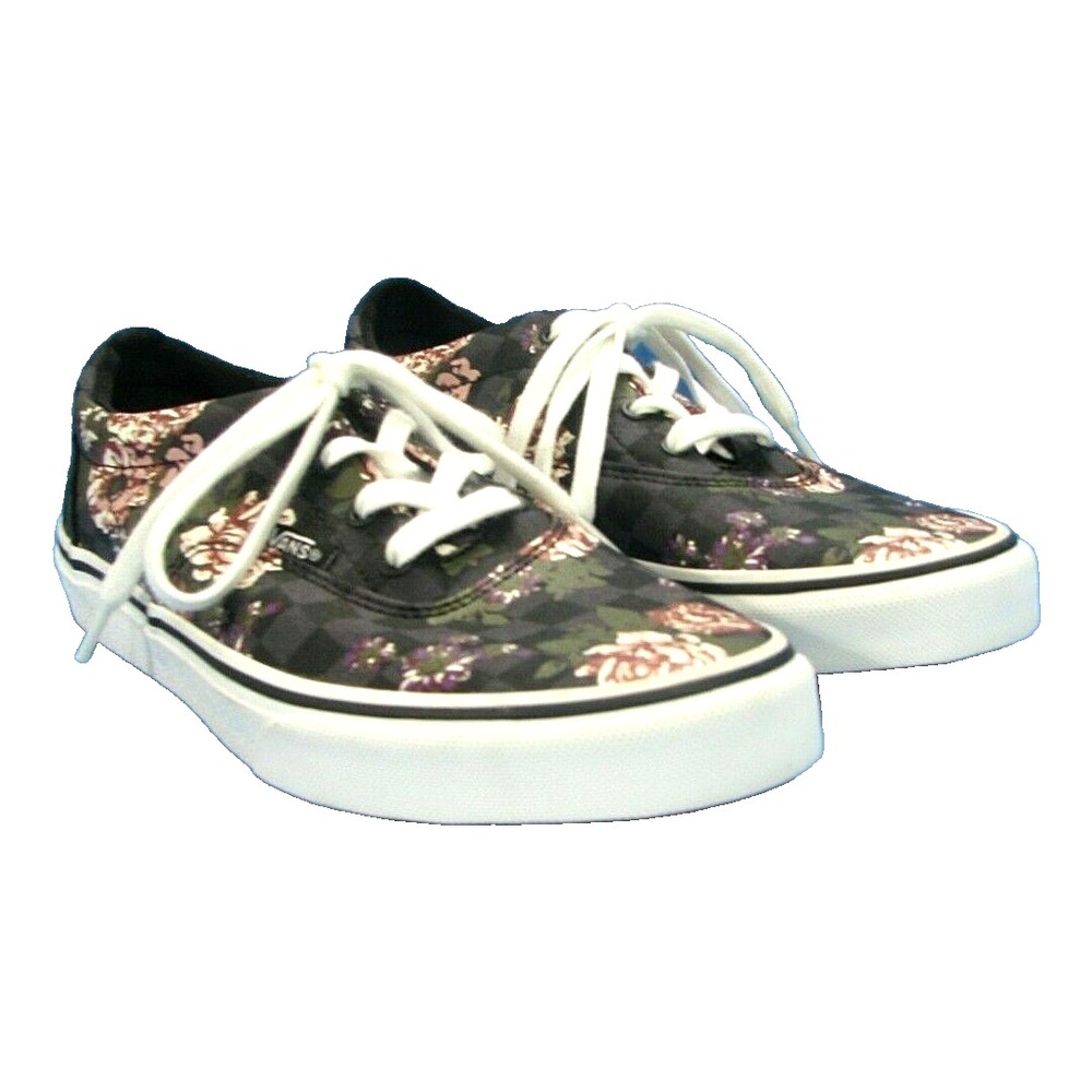 VANS Black/Multi FLOWERS CHECKERBOARD Canvas Lace-Up SNEAKERS Youth 5 Women 6.5